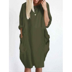 Women Casual Solid Color Round Neck Baggy Loose Dress