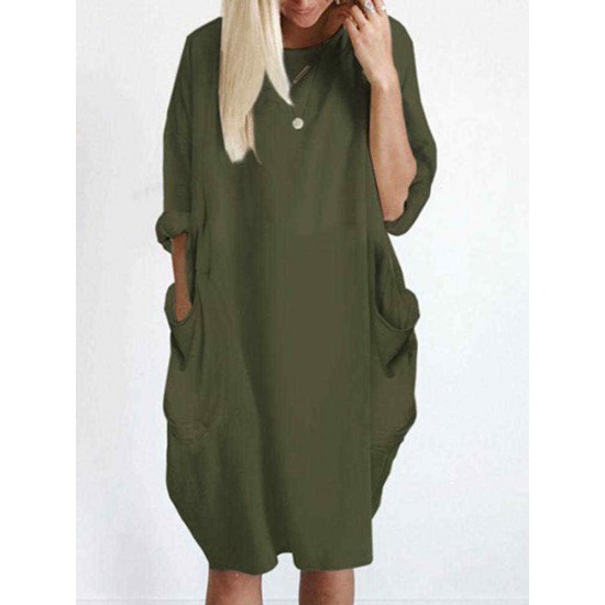 Women Casual Solid Color Round Neck Baggy Loose Dress