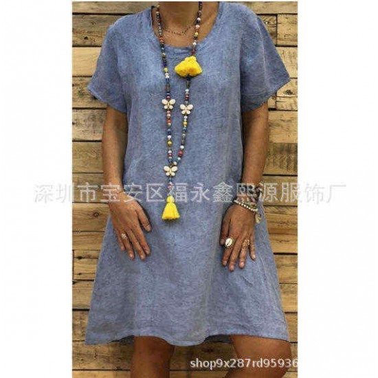 Women Casual Solid Color Short Sleeve Loose Dress