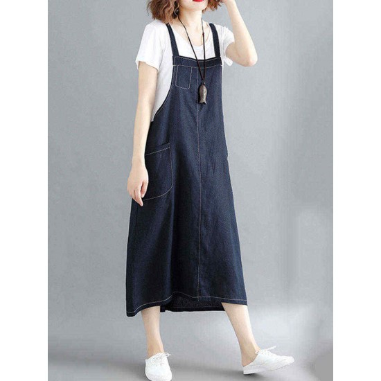 Women Casual Spaghetti Straps Loose Denim Dress with Pockets