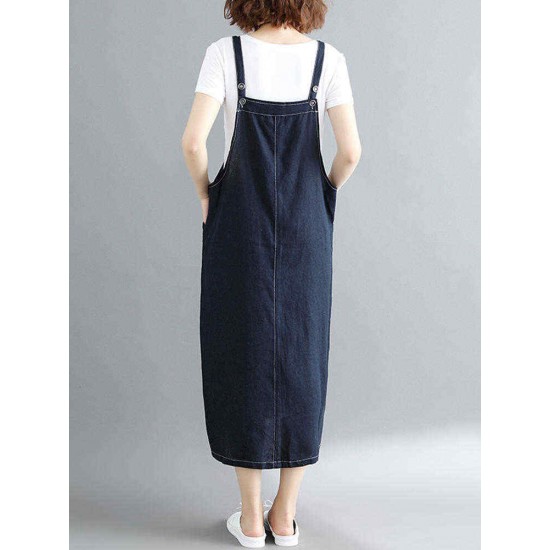 Women Casual Spaghetti Straps Loose Denim Dress with Pockets