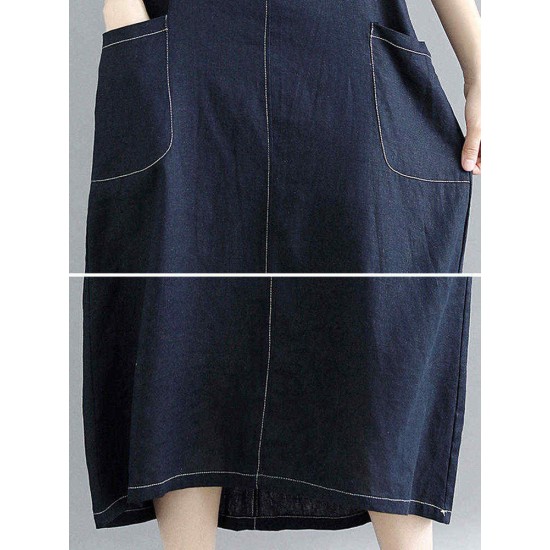 Women Casual Spaghetti Straps Loose Denim Dress with Pockets