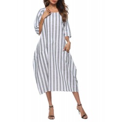 Women Casual Stripe Half Sleeve Baggy Dress with Pockets