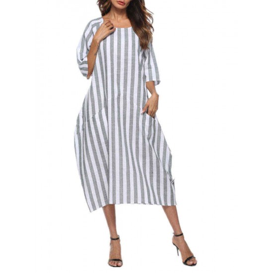 Women Casual Stripe Half Sleeve Baggy Dress with Pockets