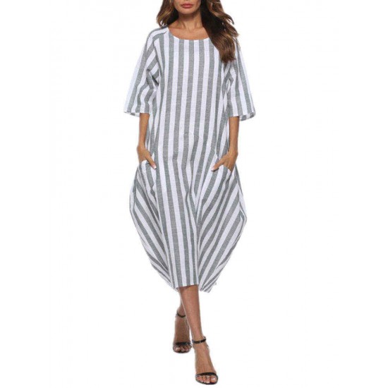 Women Casual Stripe Half Sleeve Baggy Dress with Pockets