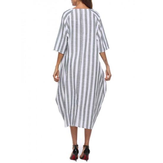 Women Casual Stripe Half Sleeve Baggy Dress with Pockets