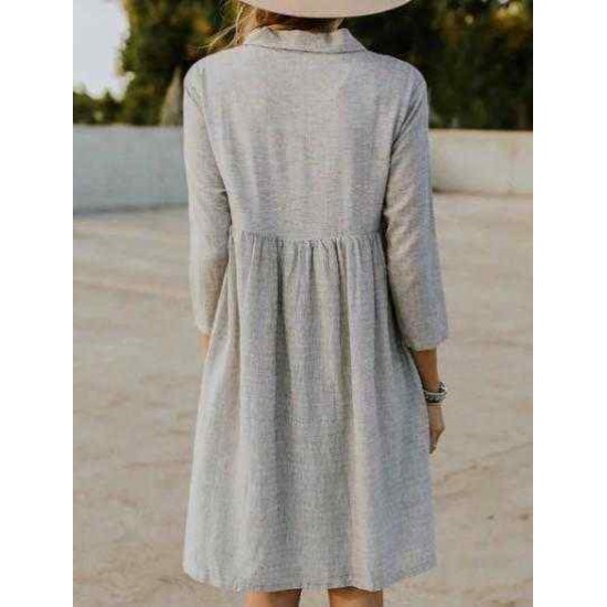 Women Casual Turn-down Collar 3/4 Sleeve Button Dress