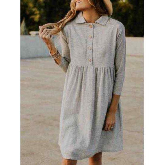 Women Casual Turn-down Collar 3/4 Sleeve Button Dress