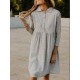 Women Casual Turn-down Collar 3/4 Sleeve Button Dress