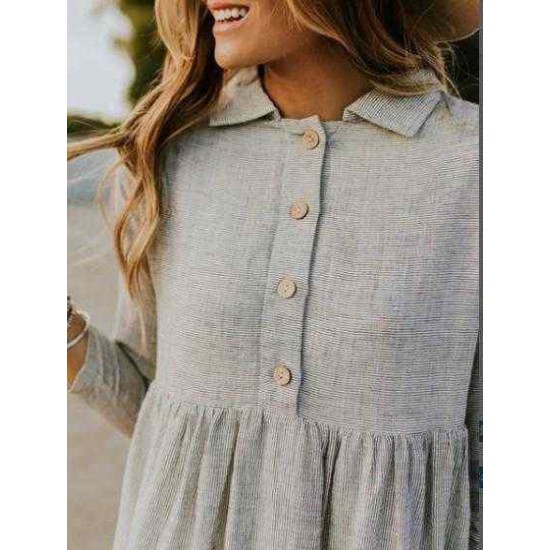 Women Casual Turn-down Collar 3/4 Sleeve Button Dress