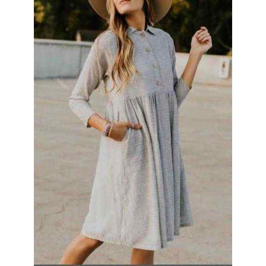 Women Casual Turn-down Collar 3/4 Sleeve Button Dress