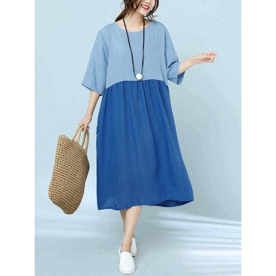 Women Casual Two-tone Patchwork Loose Dress