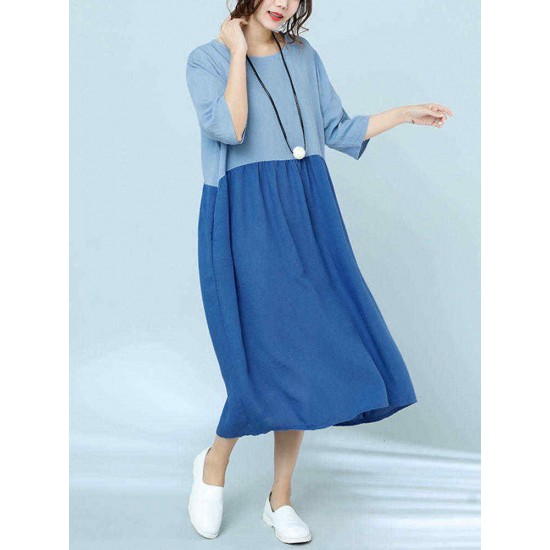 Women Casual Two-tone Patchwork Loose Dress