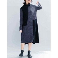 Women Casual Two-tone Patchwork Turtle Neck Knit Winter Dress