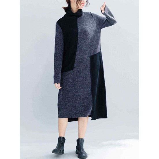 Women Casual Two-tone Patchwork Turtle Neck Knit Winter Dress