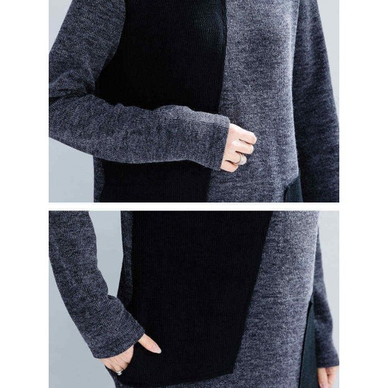 Women Casual Two-tone Patchwork Turtle Neck Knit Winter Dress