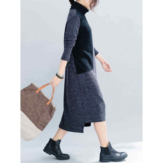 Women Casual Two-tone Patchwork Turtle Neck Knit Winter Dress