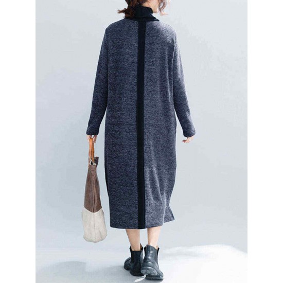 Women Casual Two-tone Patchwork Turtle Neck Knit Winter Dress