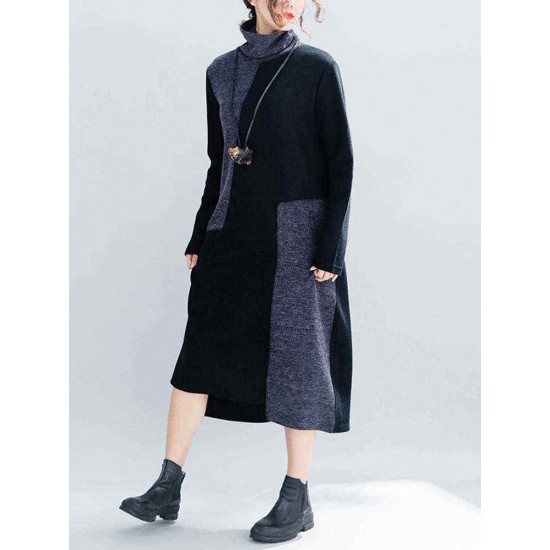 Women Casual Two-tone Patchwork Turtle Neck Knit Winter Dress