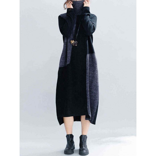 Women Casual Two-tone Patchwork Turtle Neck Knit Winter Dress