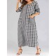 Women Casual V-neck Long Sleeve Plaid Patchwork Pockets Dress