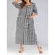 Women Casual V-neck Long Sleeve Plaid Patchwork Pockets Dress