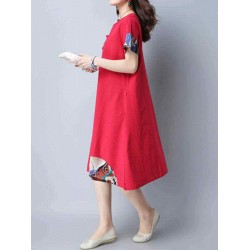 Women Chinese style Dress Vintage Cotton Linen Short Sleeve Dresses