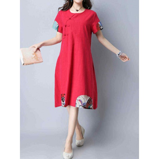 Women Chinese style Dress Vintage Cotton Linen Short Sleeve Dresses