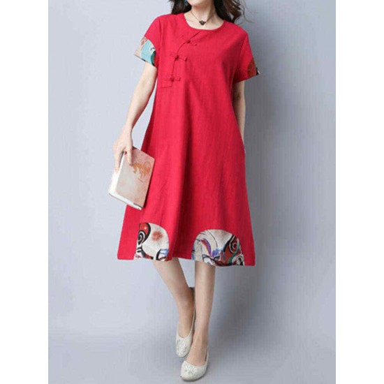 Women Chinese style Dress Vintage Cotton Linen Short Sleeve Dresses