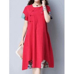 Women Chinese style Dress Vintage Cotton Linen Short Sleeve Dresses