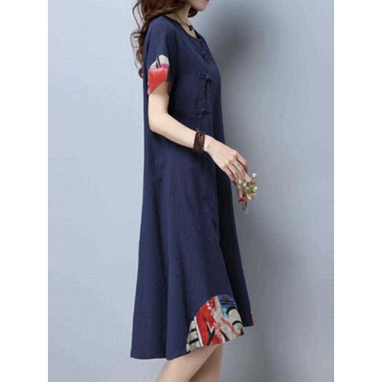 Women Chinese style Dress Vintage Cotton Linen Short Sleeve Dresses