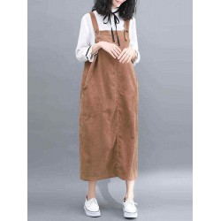 Women Corduroy Spaghetti Straps Pockets Casual Dress