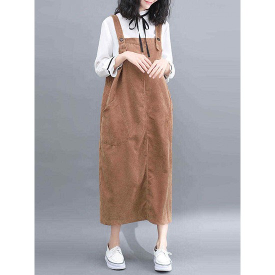 Women Corduroy Spaghetti Straps Pockets Casual Dress