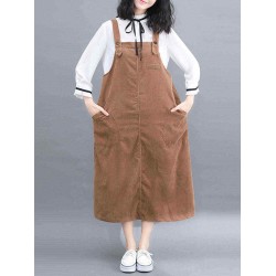 Women Corduroy Spaghetti Straps Pockets Casual Dress