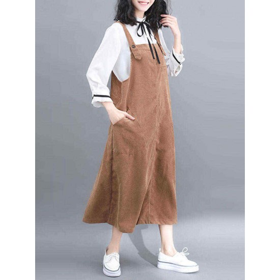 Women Corduroy Spaghetti Straps Pockets Casual Dress