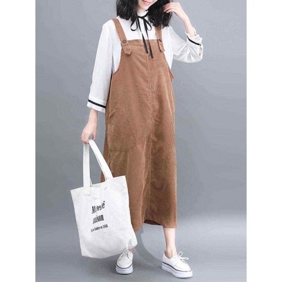 Women Corduroy Spaghetti Straps Pockets Casual Dress