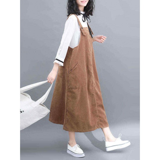 Women Corduroy Spaghetti Straps Pockets Casual Dress