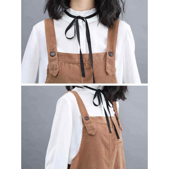 Women Corduroy Spaghetti Straps Pockets Casual Dress