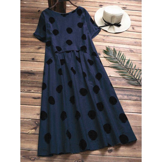 Women Cotton Casual Polka Dot Short Sleeves Dress