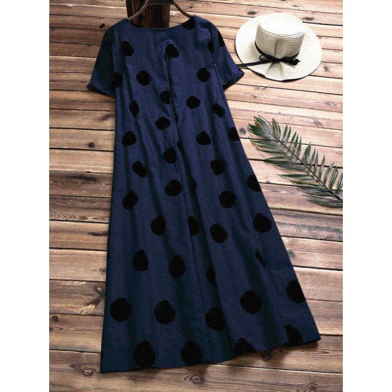 Women Cotton Casual Polka Dot Short Sleeves Dress