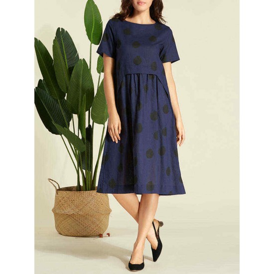 Women Cotton Casual Polka Dot Short Sleeves Dress