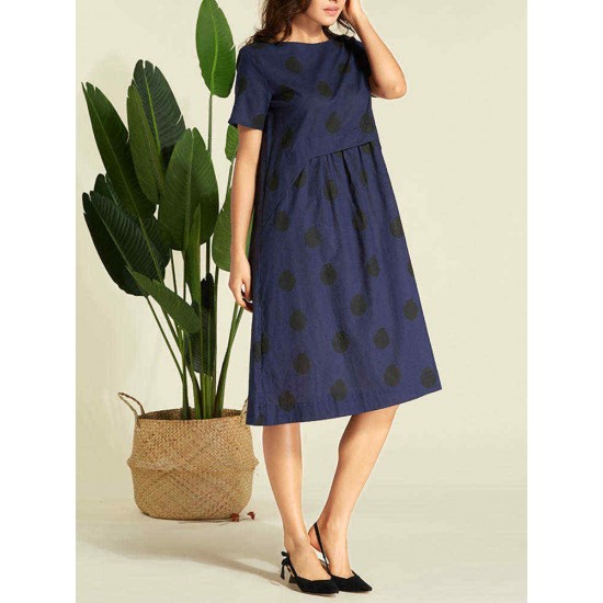 Women Cotton Casual Polka Dot Short Sleeves Dress