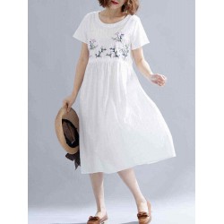 Women Cotton Embroidered O-neck Short Sleeves Dress