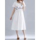 Women Cotton Embroidered O-neck Short Sleeves Dress