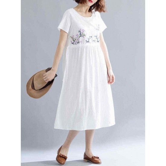 Women Cotton Embroidered O-neck Short Sleeves Dress