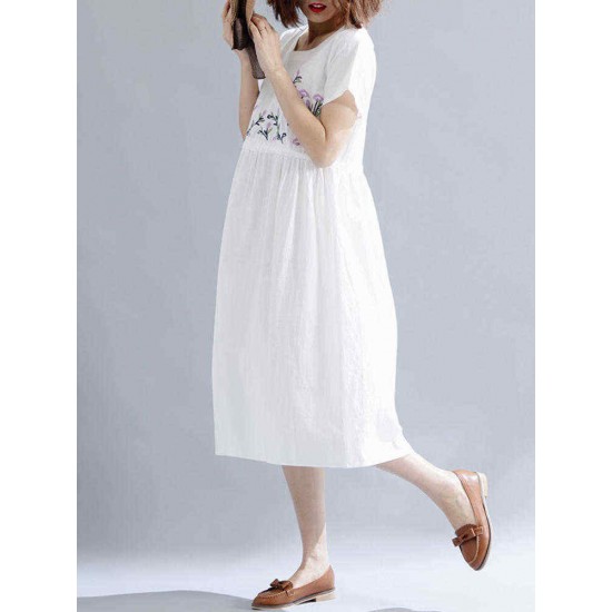 Women Cotton Embroidered O-neck Short Sleeves Dress