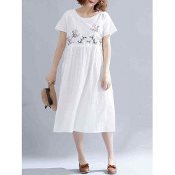 Women Cotton Embroidered O-neck Short Sleeves Dress