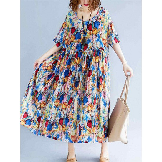 Women Cotton Printed O-neck Casual Maxi Dress