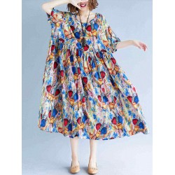 Women Cotton Printed O-neck Casual Maxi Dress