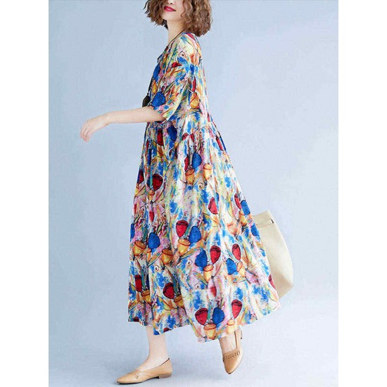 Women Cotton Printed O-neck Casual Maxi Dress